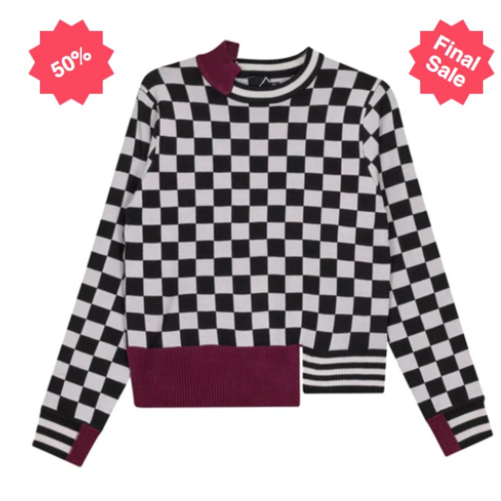 Checkerboard Cowl Sweater with Burgundy Accents